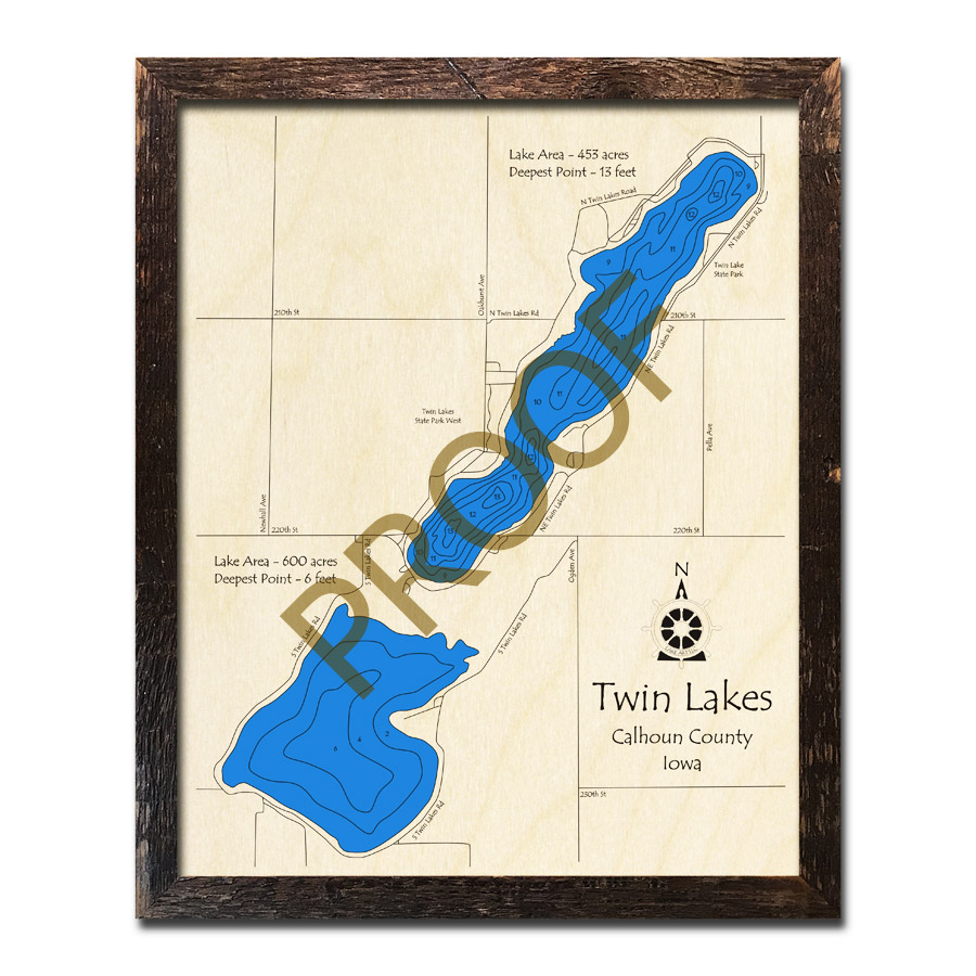 Lake Okoboji, Iowa 3D Wood Map Laseretched Wood Charts