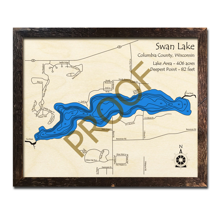Swan Lake, WI Wood Map 3D Nautical Wood Charts