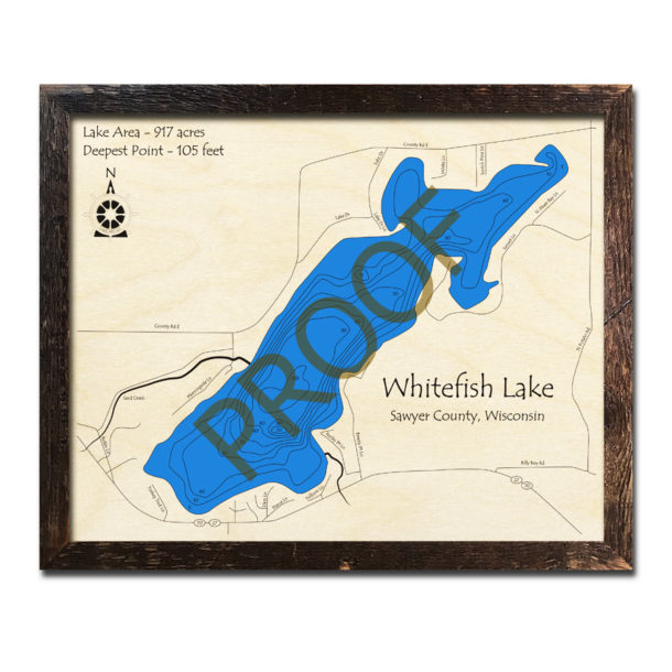 Whitefish Lake, WI Wood Map 3D Nautical Wood Charts