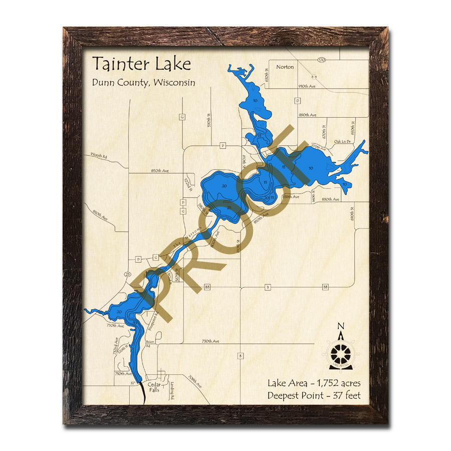 Tainter Lake, WI Wood Map 3D Nautical Wood Charts
