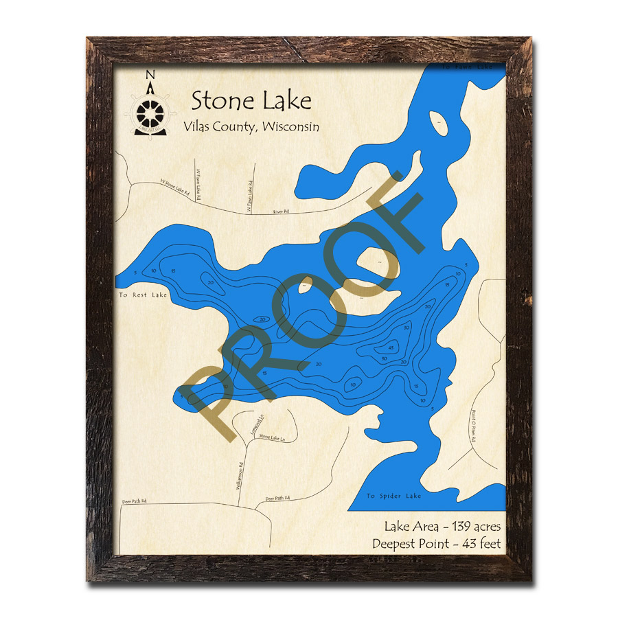 Stone Lake, WI Wood Map 3D Nautical Wood Charts