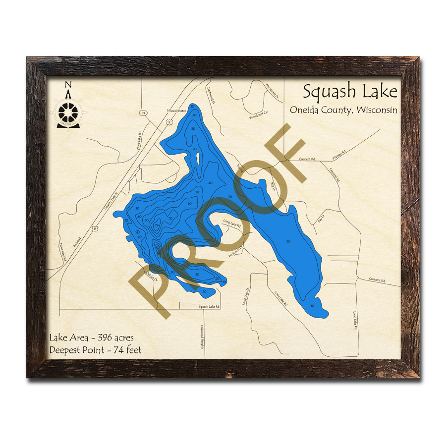 Squash Lake, WI Wood Map 3D Nautical Wood Charts