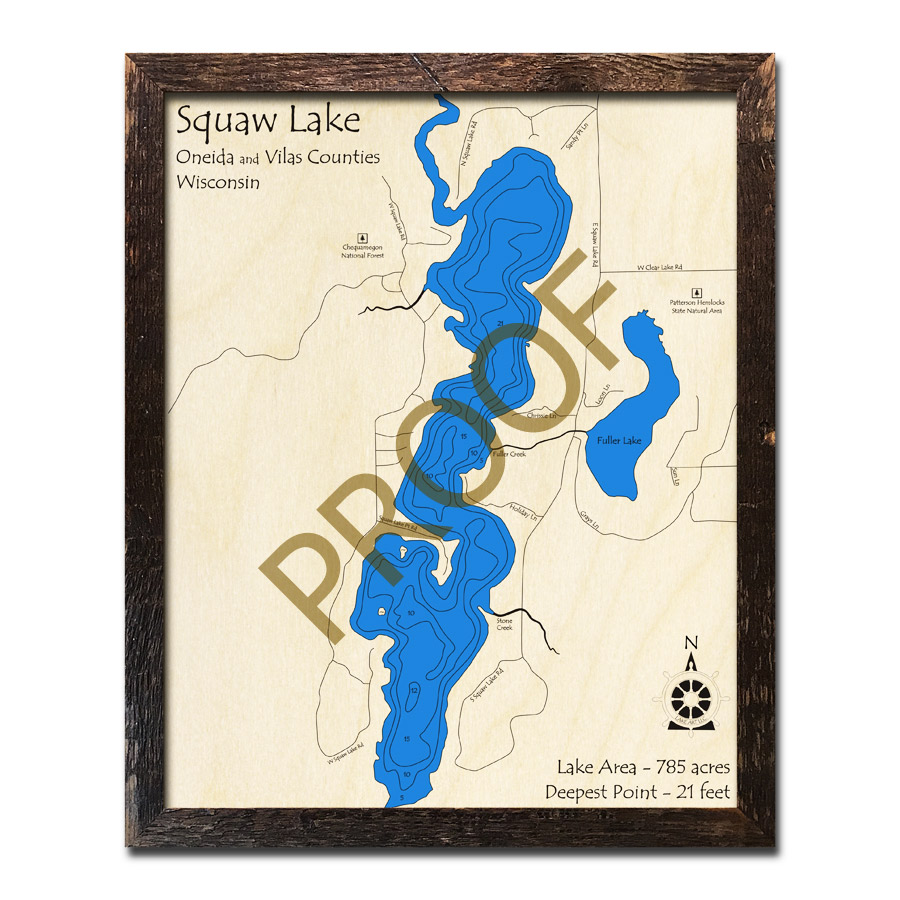 Squaw Lake, WI Wood Map 3D Nautical Wood Charts
