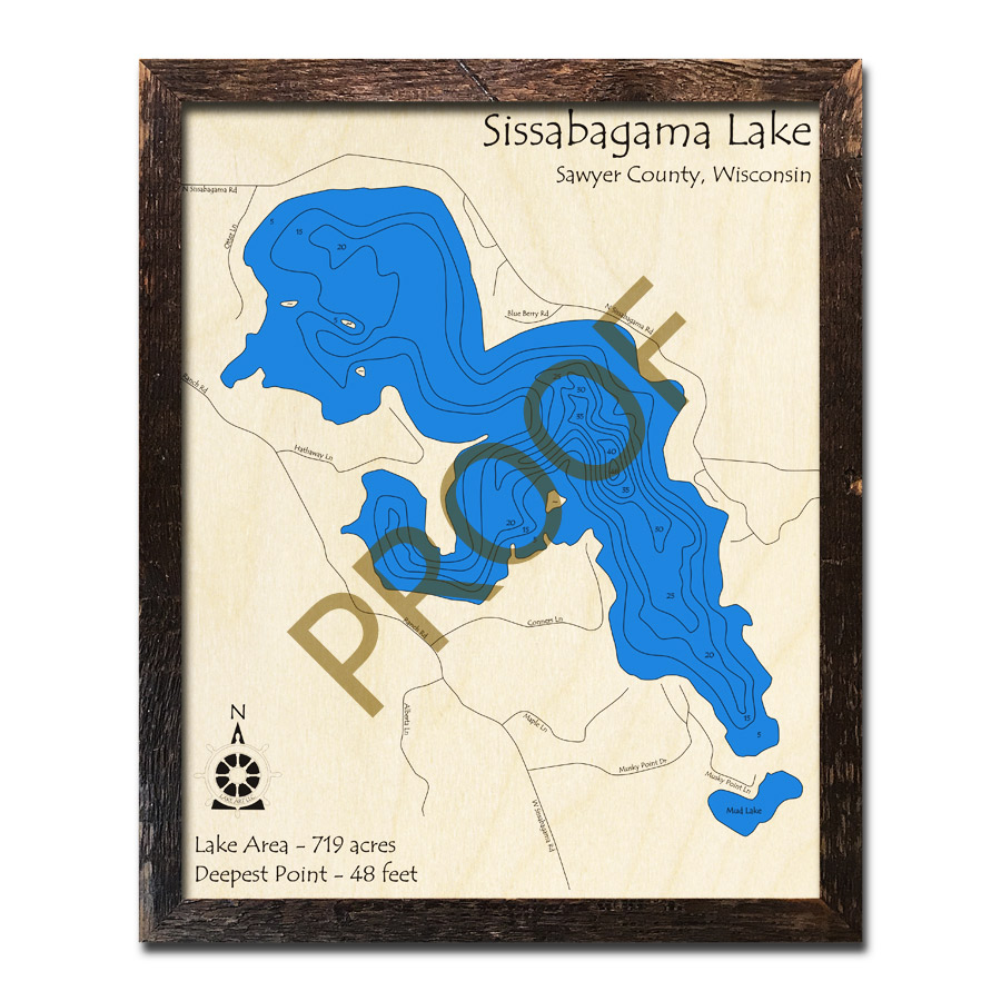 Sissabagama Lake, WI Wood Map 3D Nautical Wood Charts & Home Decor