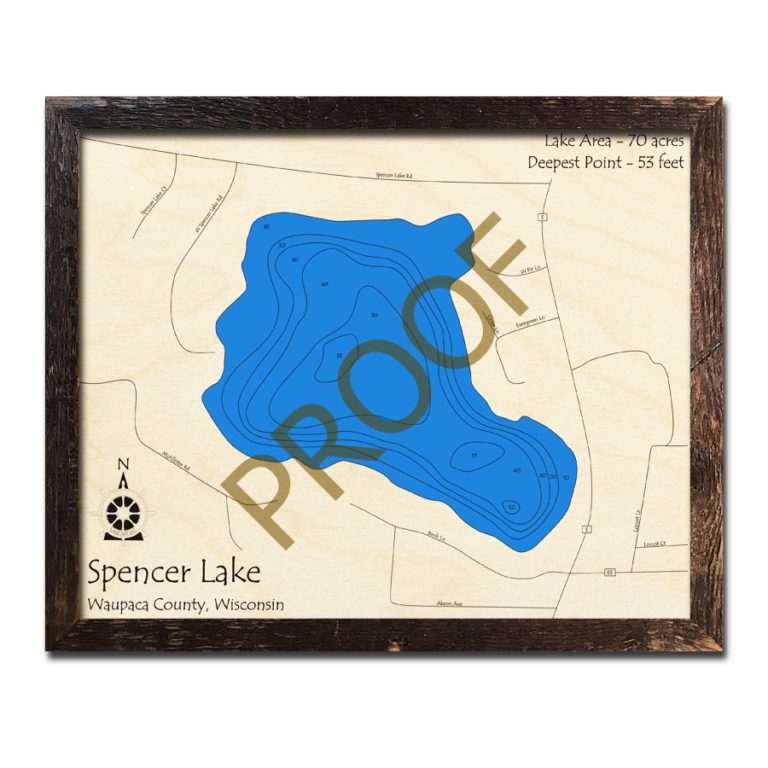 Spencer Lake, WI Wood Map 3D Nautical Wood Charts & Home Decor
