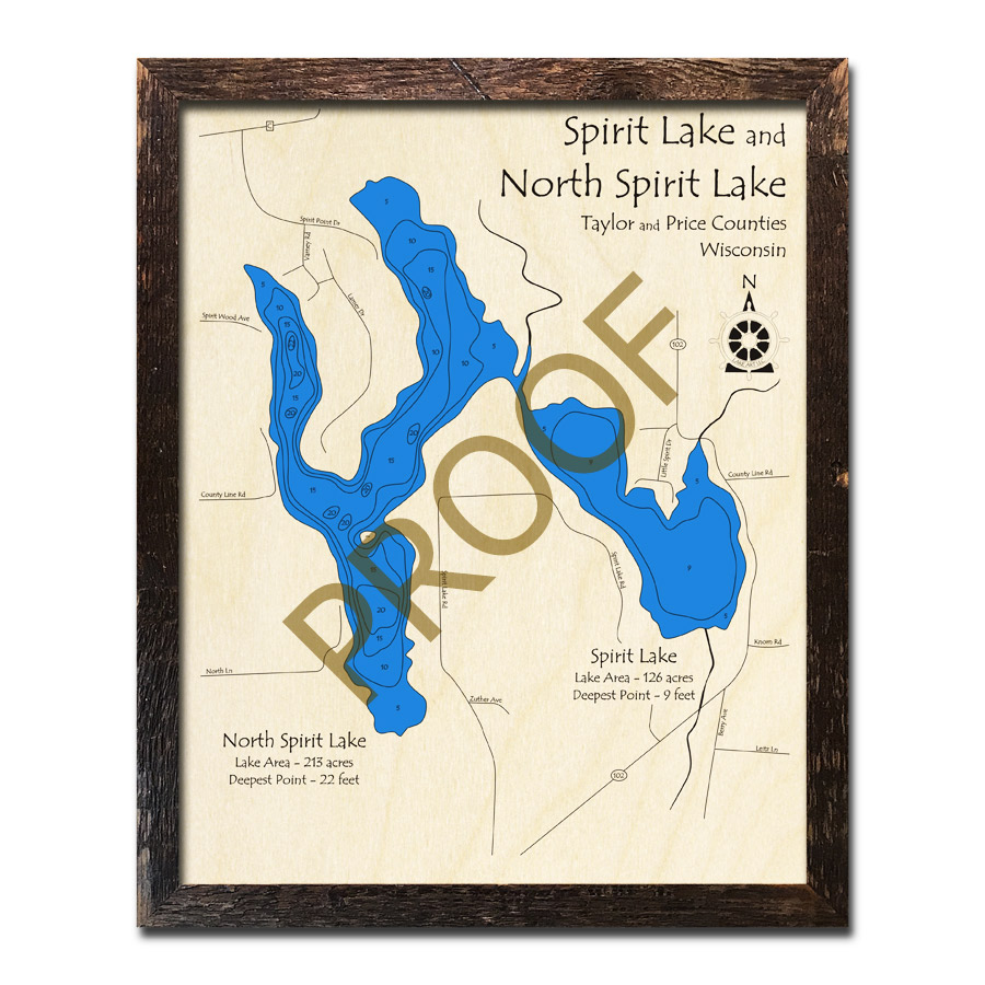 Spirit Lake, WI Wood Map 3D Nautical Wood Charts Home Decor