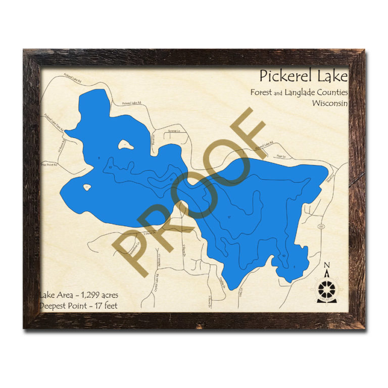 Pickerel Lake, WI Wood Map 3D Nautical Wood Charts