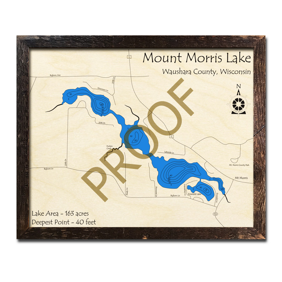 Mount Morris Lake, WI Wood Map 3D Nautical Wood Charts