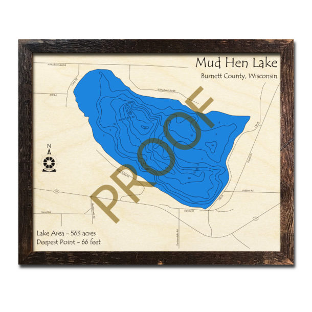 Mud Hen Lake, WI Wood Map 3D Nautical Wood Charts