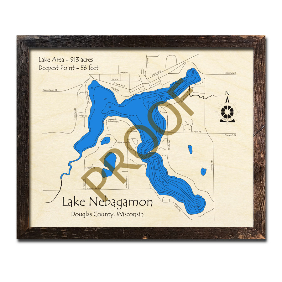 Lake Nebagamon, WI Wood Map 3D Nautical Wood Charts