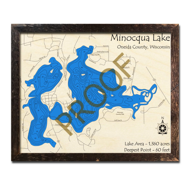 Minocqua Lake, WI Wood Map 3D Nautical Wood Charts