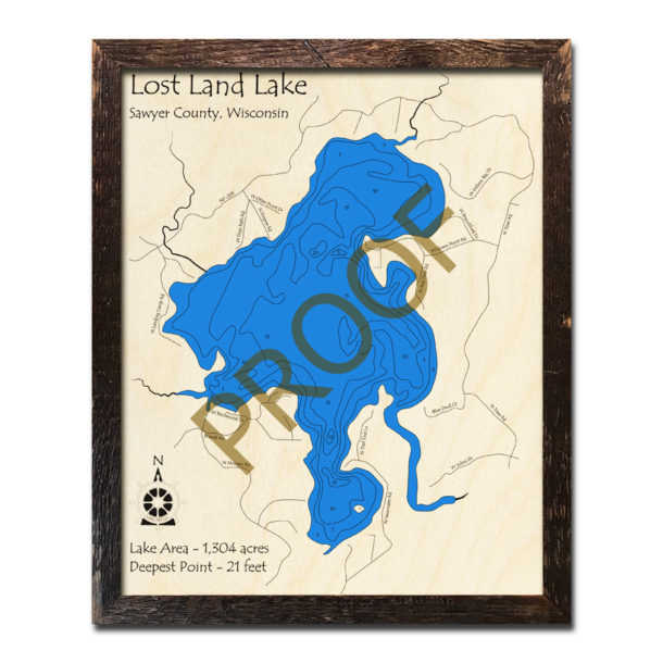 Lost Land Lake, WI Wood Map 3D Nautical Wood Charts