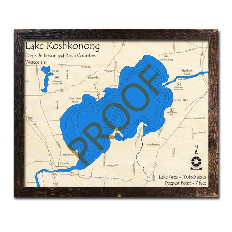 Lake Koshkonong, WI Wood Map 3D Nautical Wood Charts