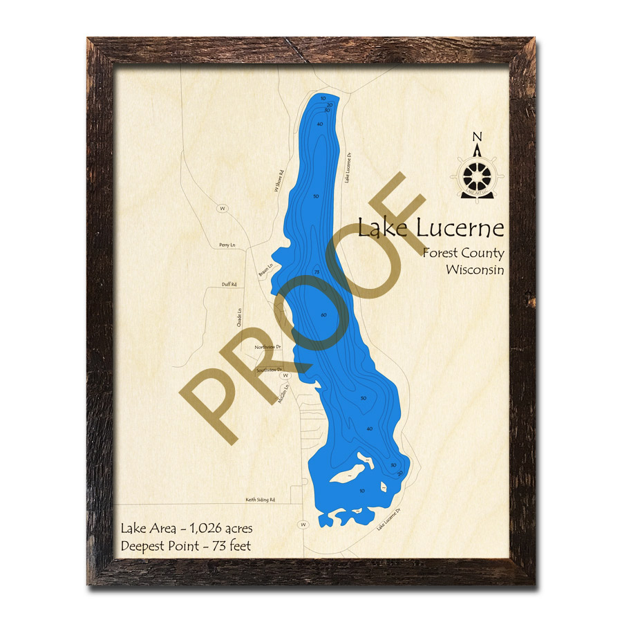 Lake Lucerne, WI Wood Map 3D Nautical Wood Charts