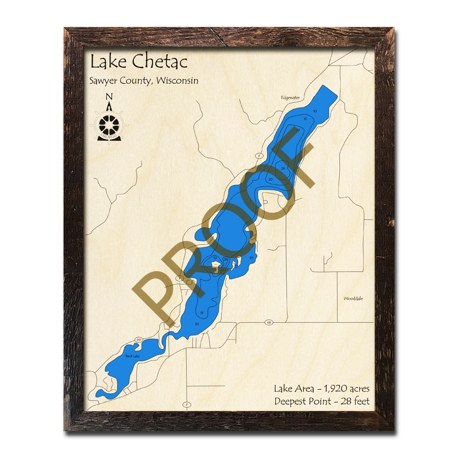 Lake Chetac, WI Wood Map 3D Nautical Wood Charts