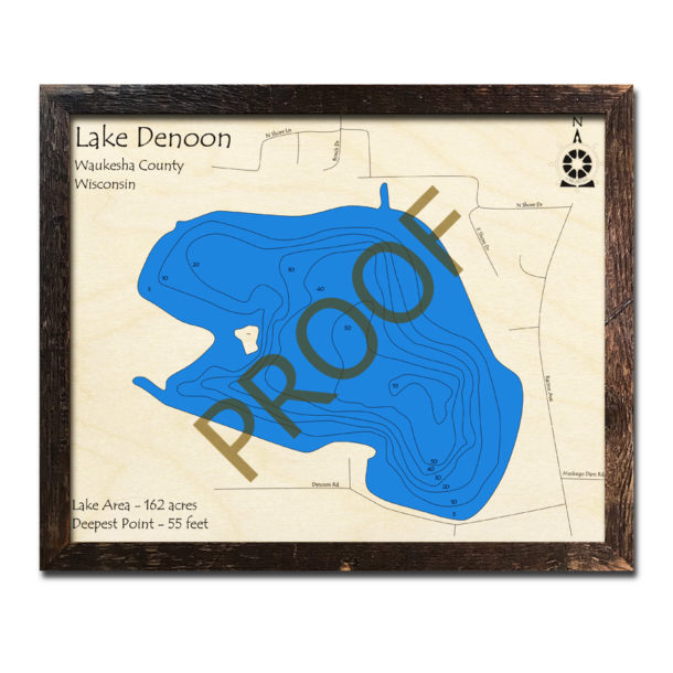 Lake Denoon, WI Wood Map 3D Nautical Wood Charts