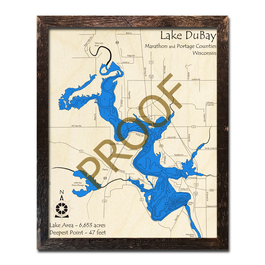 Lake Dubay, WI Wood Map 3D Nautical Wood Charts