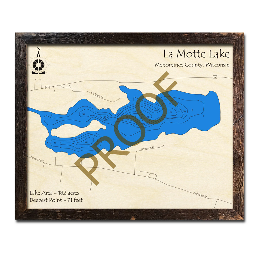 La Motte Lake, WI Wood Map 3D Nautical Wood Charts