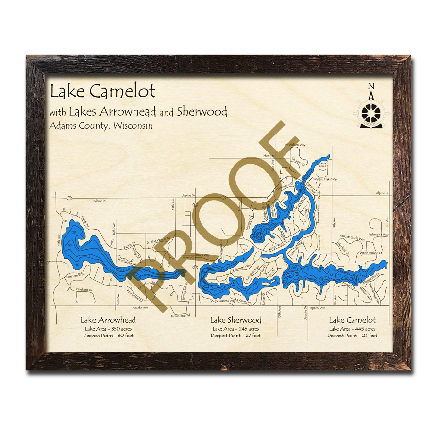 Lake Camelot Wi Map Lake Camelot, Wi Wood Map | 3D Nautical Wood Charts