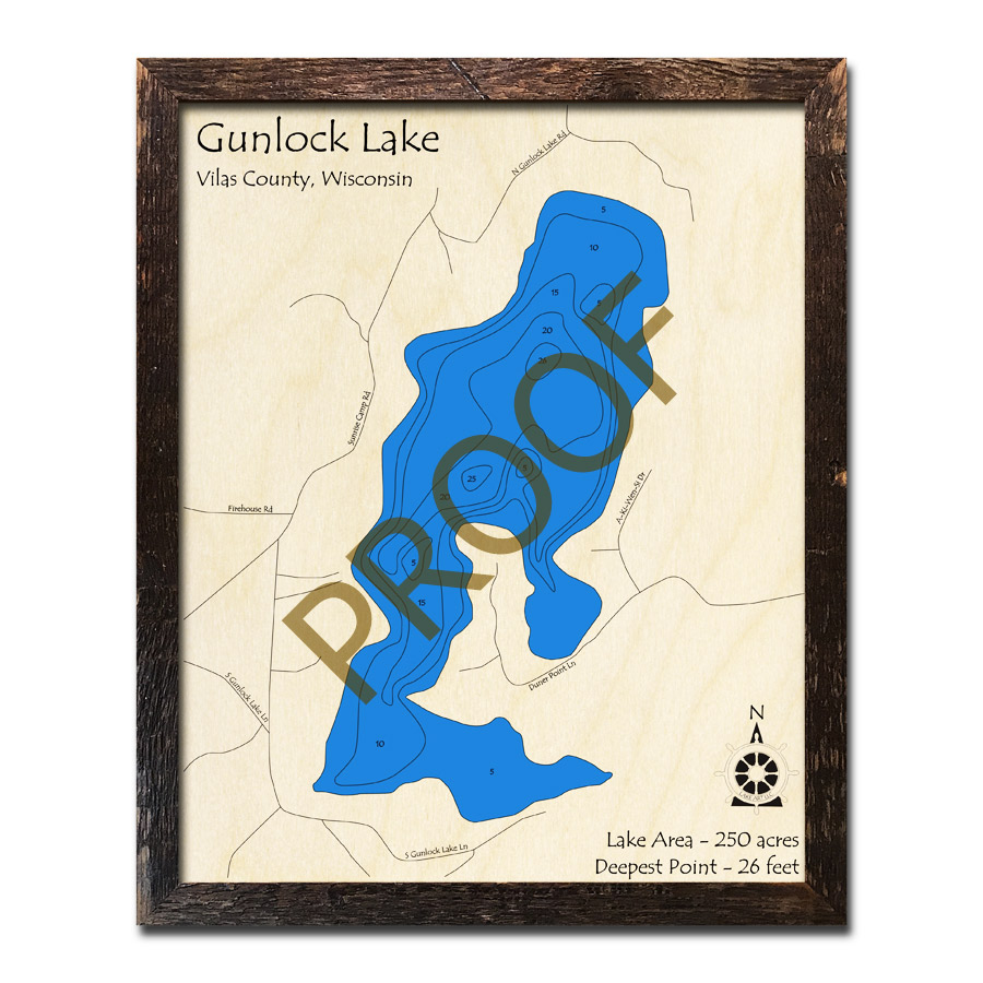 Gunlock Lake, WI Wood Map 3D Nautical Wood Charts