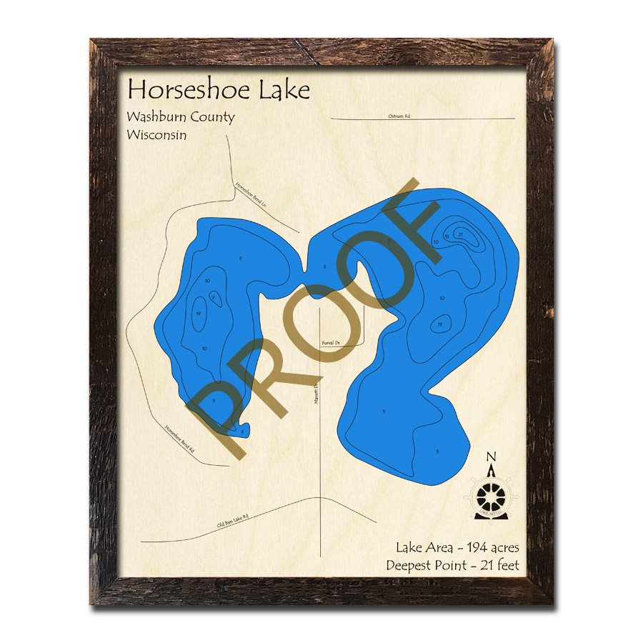 Horseshoe Lake, WI Wood Map 3D Nautical Wood Charts