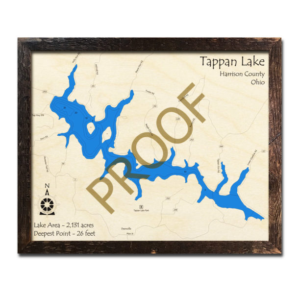Tappan Lake, OH 3D Wood Map Laseretched Nautical Decor