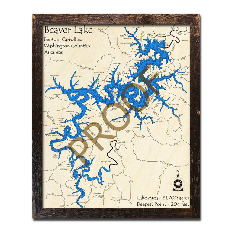 Beaver Lake, AR 3D Wood Map | Laser-etched Nautical Decor