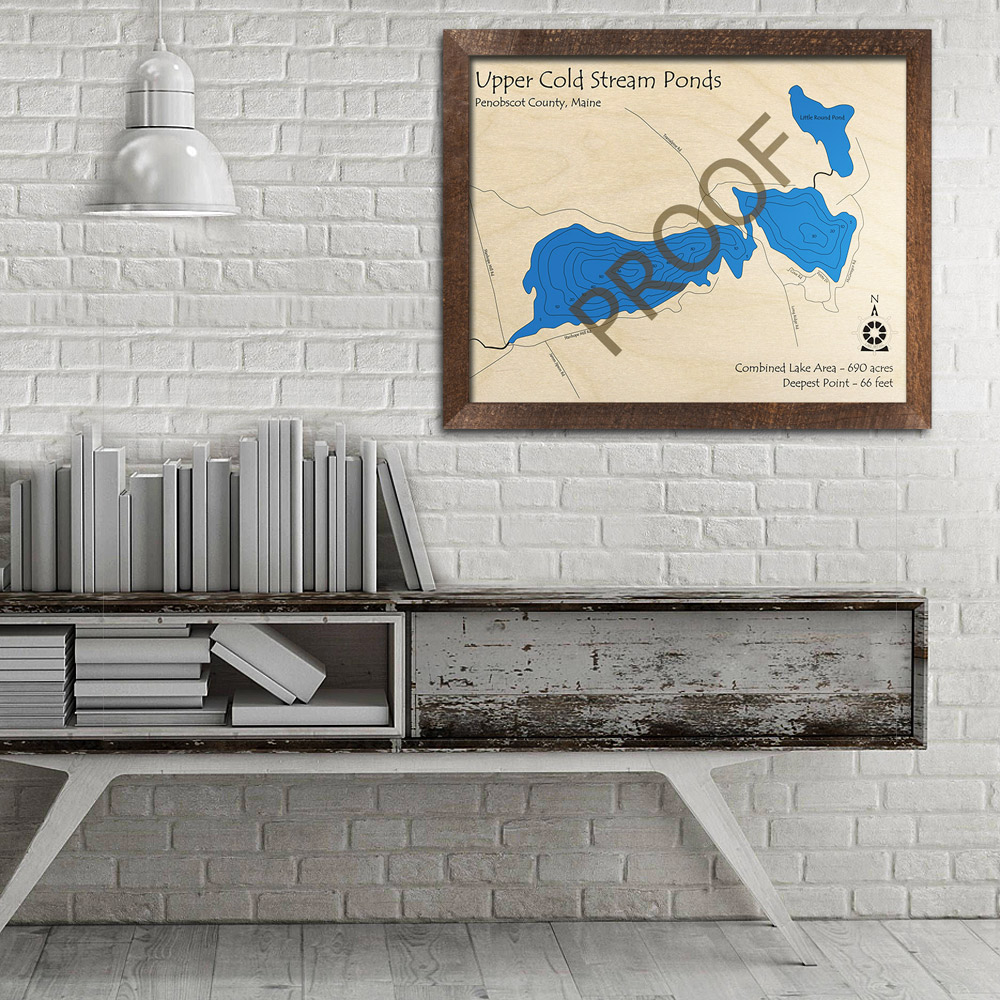 Upper Cold Stream Ponds, Maine 3D Wood Map Laseretched Nautical Decor