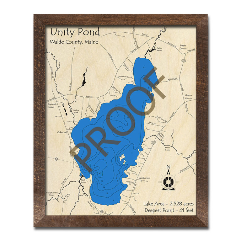 Unity Pond, Maine 3D Wood Map Laseretched Nautical Decor