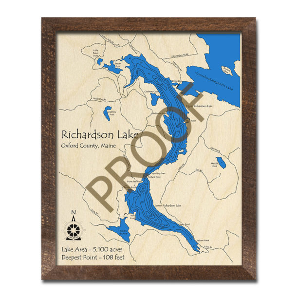 Richardson Lake, Maine 3D Wood Map Laseretched Nautical Decor