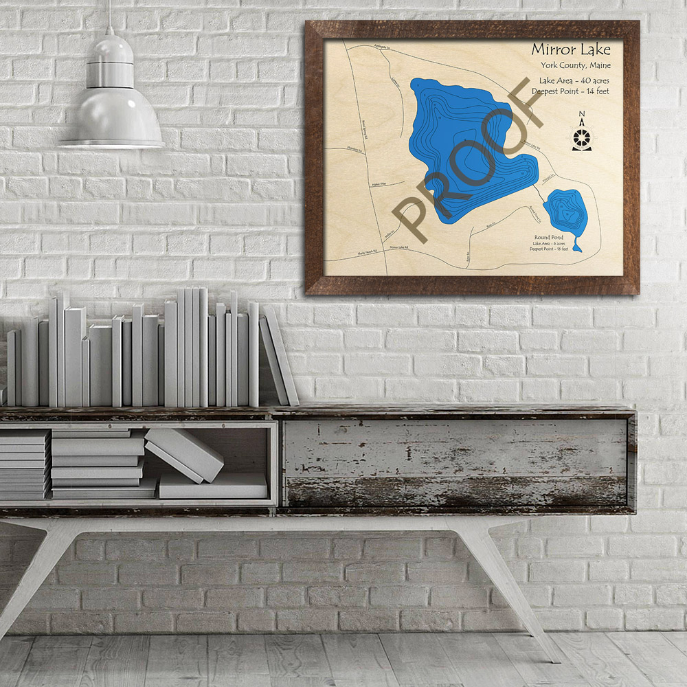 Mirror Lake, Maine 3D Wood Map Laseretched Nautical Decor