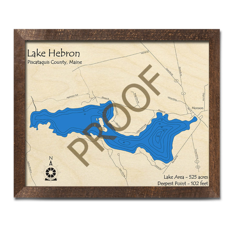 Lake Hebron, Maine 3D Wood Map Laseretched Nautical Decor