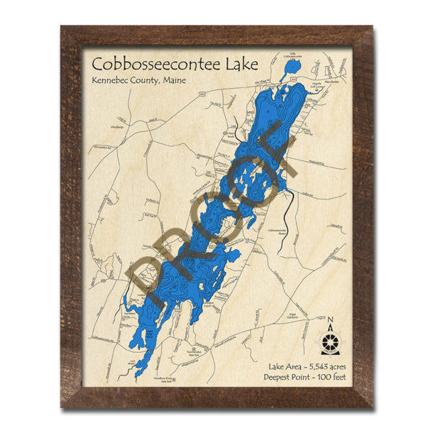 Cobbosseecontee Lake, Maine 3D Wood Map Laseretched Nautical Decor