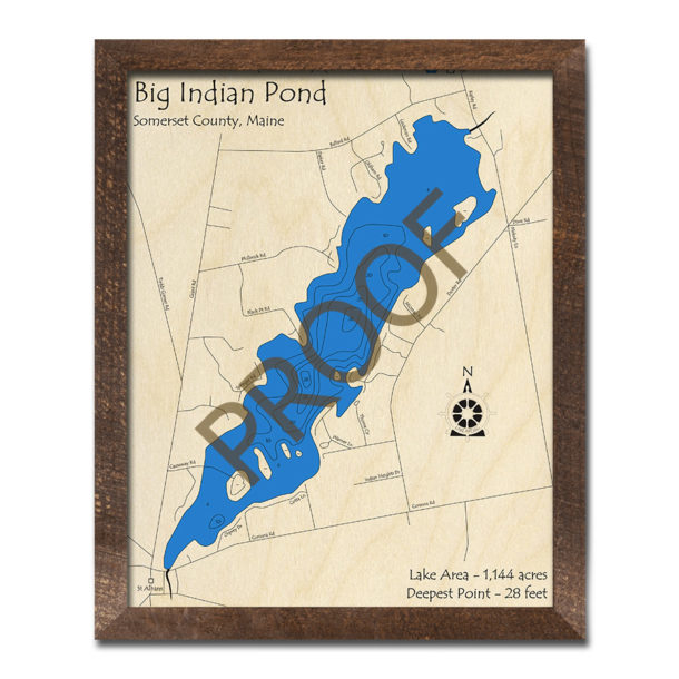 Big Indian Pond, Maine 3D Wood Map Laseretched Nautical Decor
