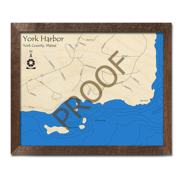 York Harbor, Maine 3D Wood Map Laseretched Nautical Decor