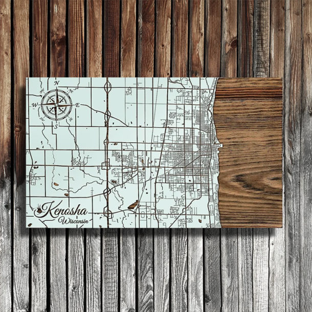Kenosha WI Lake Michigan Wooden Map Burnt LaserCut Wall Map