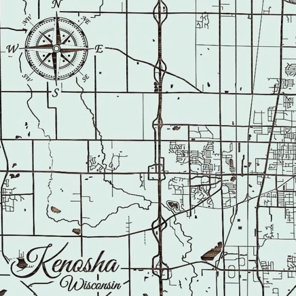 Kenosha WI Lake Michigan Wooden Map Burnt LaserCut Wall Map