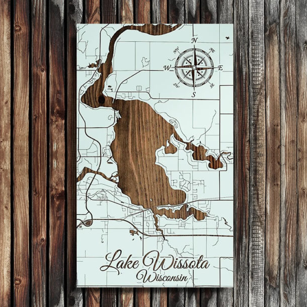 Lake Wissota WI Wooden Map | Burnt Laser-Cut Wall Map
