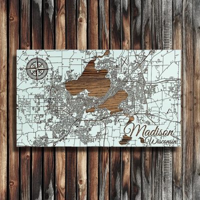 Madison Wisconson Lake Mendota Wood Map, Nautical Wall Art