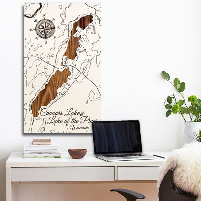Connors Lake - Lake of the Pines WI Wood Map | Burnt Laser-Cut Wall Map