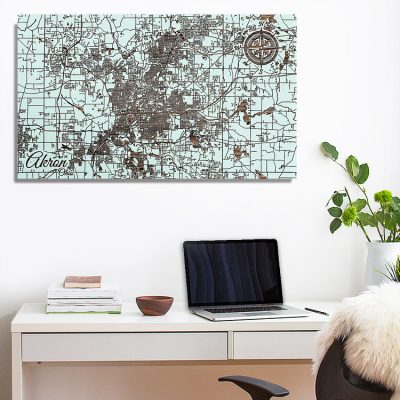 Akron Ohio Street Map, Wooden Wall Map, Laser Engraved Wood Map, Nautical Wood Chart