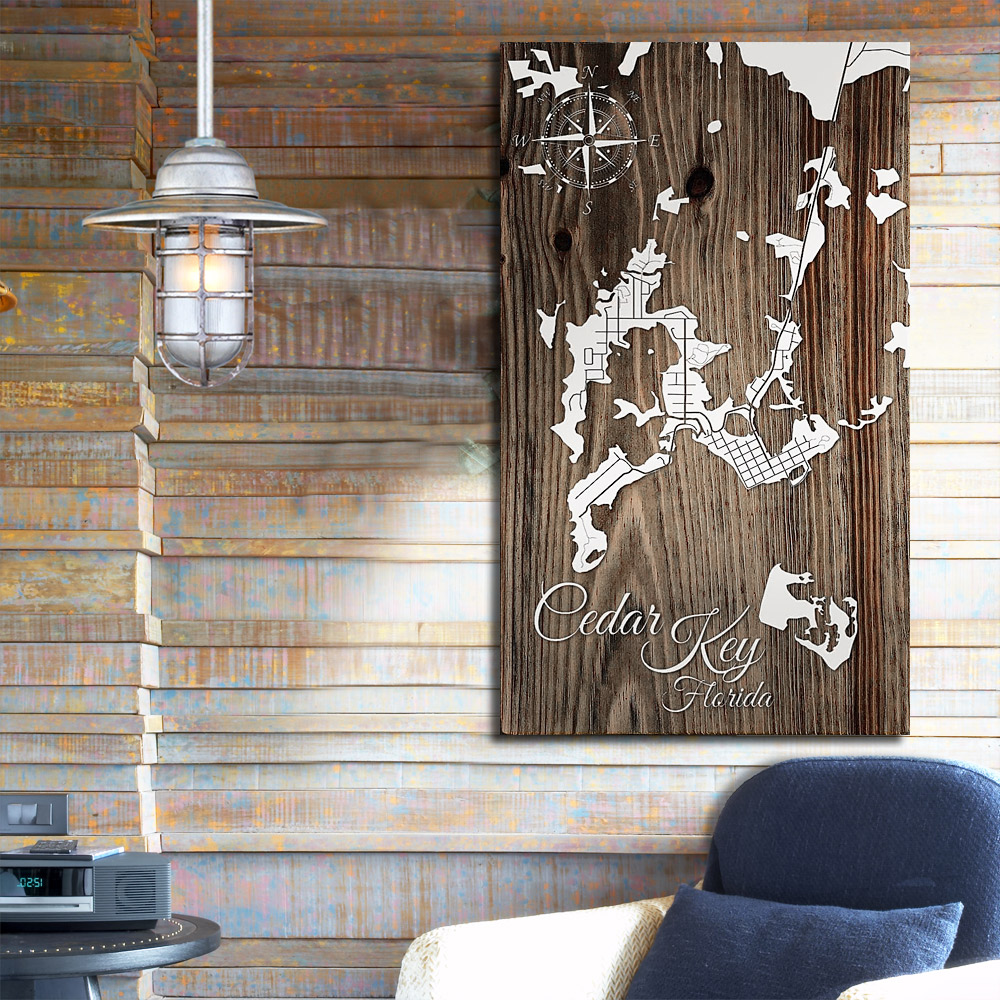 Cedar Key Florida Wood Map Burnt LaserCarved Wall Sign