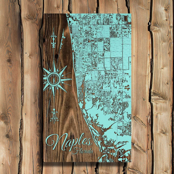 Naples Florida Wooden Map Burnt LaserCarved Wall Art
