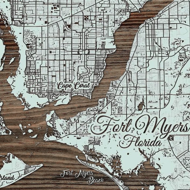 Fort Myers Florida Wooden Map Burnt LaserCarved Wall Art