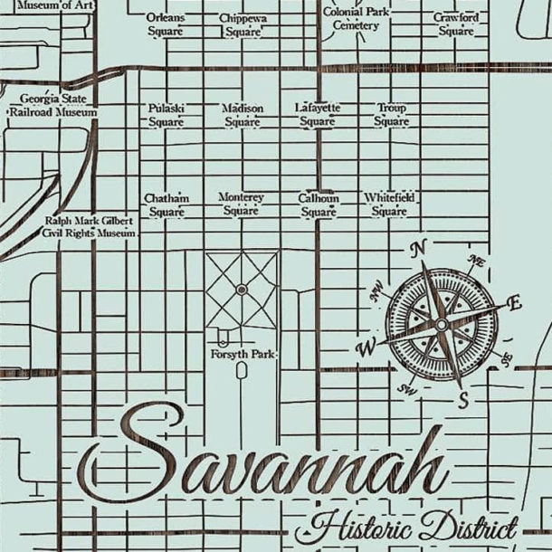 Savannah GA Historic District Wood Map | Burnt Laser Carved Wall Sign