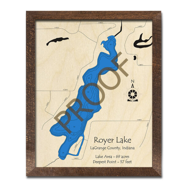 Royer Lake, Indiana 3D Wood Map Laseretched Nautical Wall Art