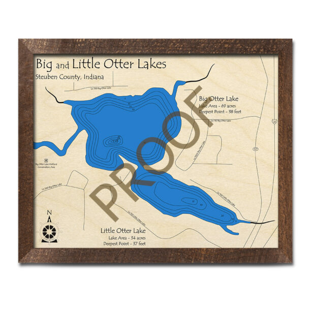 Big Otter Lake Little Otter Lake, Indiana 3D Wood Map Laseretched