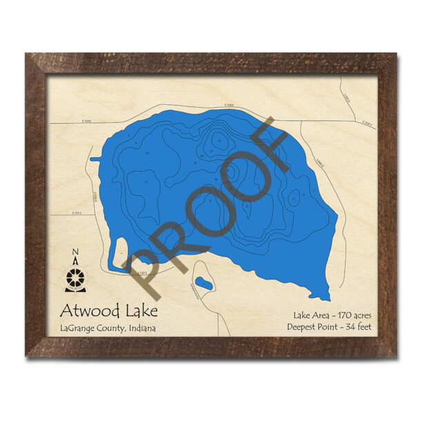 Atwood Lake, Indiana 3D Wood Map Laseretched Nautical Wall Art