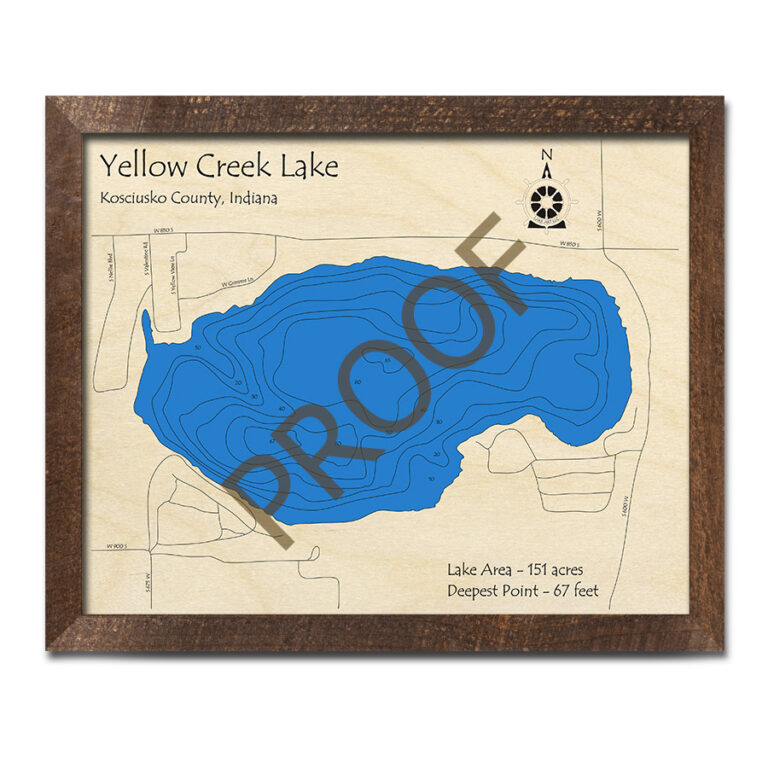 Yellow Creek Lake, Indiana 3D Wood Map Laseretched Nautical Wall Art