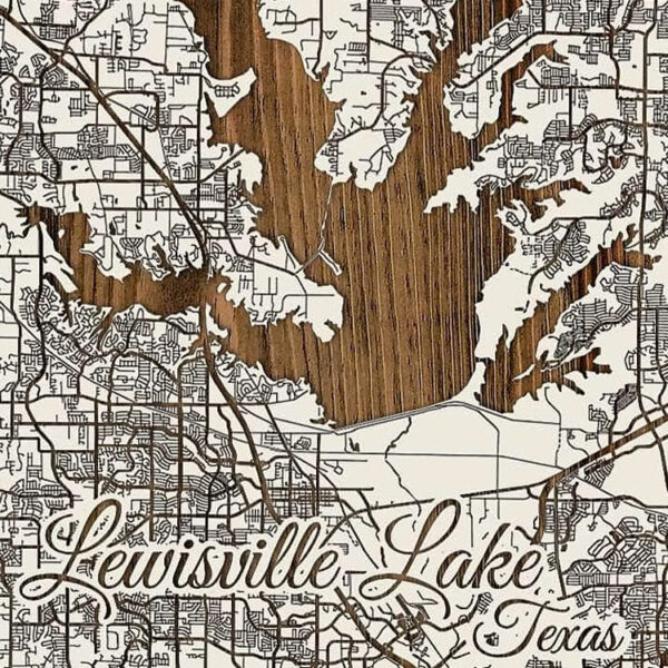 Lewisville Lake, Texas Wood Map Burnt LaserCut Wall Map